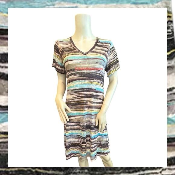 NWT David Cline V-Neck Short Sleeve T-Shirt Dress SZ Small Black Stripe $119 - Picture 11 of 15